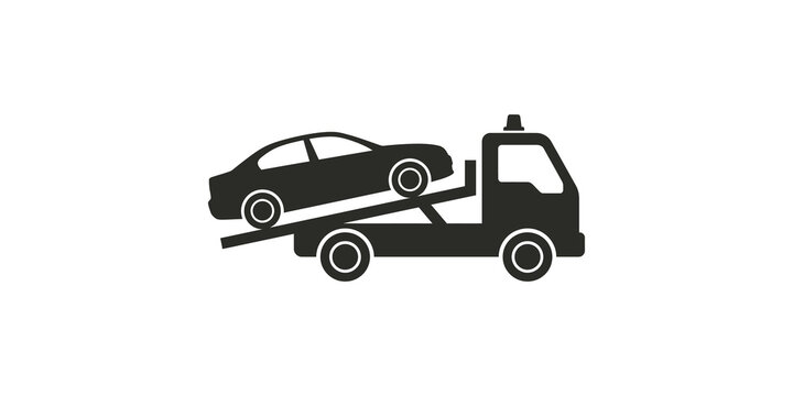 Dark gray tow truck carrying a car on its flatbed for roadside assistance illustration.