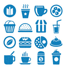 Fototapeta premium Collection of blue food and beverage symbols featuring coffee and burgers for restaurant menu or cafe graphic designs.