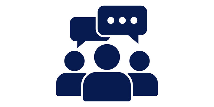 Three deep blue silhouette people with two overlapping speech bubbles above their heads on a transparent background.