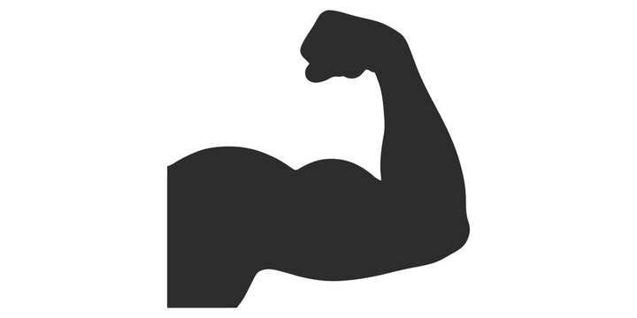 Strong bicep silhouette black icon represents fitness power and muscle growth concept for sport branding.