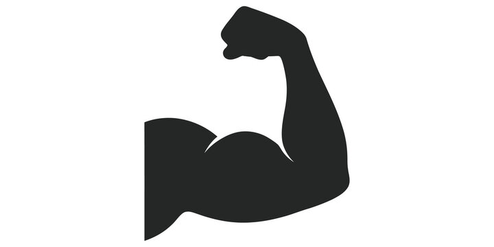 Strong bicep silhouette black icon represents fitness power and muscle growth concept for sport branding.
