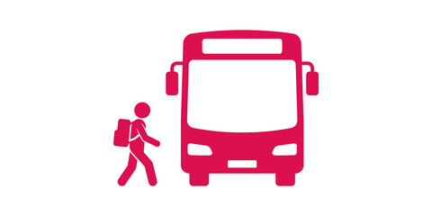 Pink student walking to bus icon for school transportation and public transit commuting educational services. © 扁平化图标 