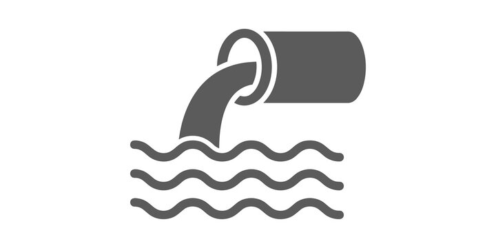 Industrial wastewater pipe discharging liquid into water surface icon for environmental pollution awareness and ecology design.