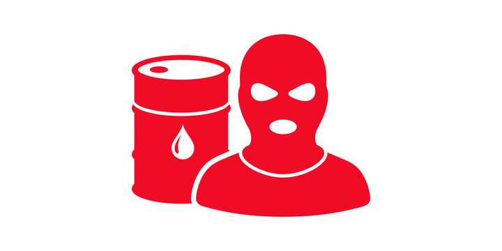Red criminal terrorist icon wearing balaclava mask standing next to oil barrel for crime and sabotage conceptual design.