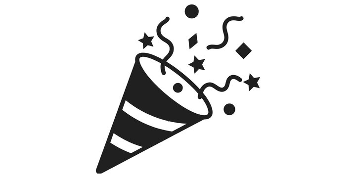 Confetti popper icon with stars and streamers for celebration and festive occasions.