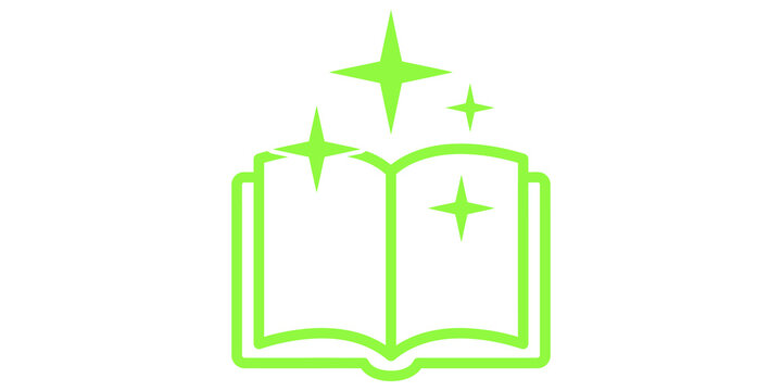 Open book icon with magic stars depicting education literature and knowledge sharing.