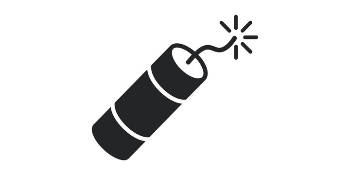 Dynamite stick icon with burning fuse in solid black style for explosive or danger warning design elements.