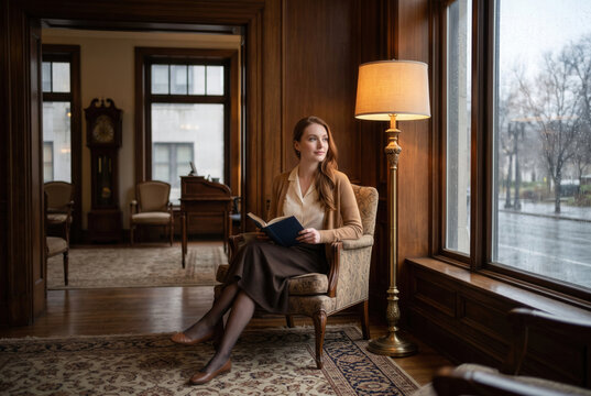 Woman Reading Book by Rainy Window in Elegant Classic Interior