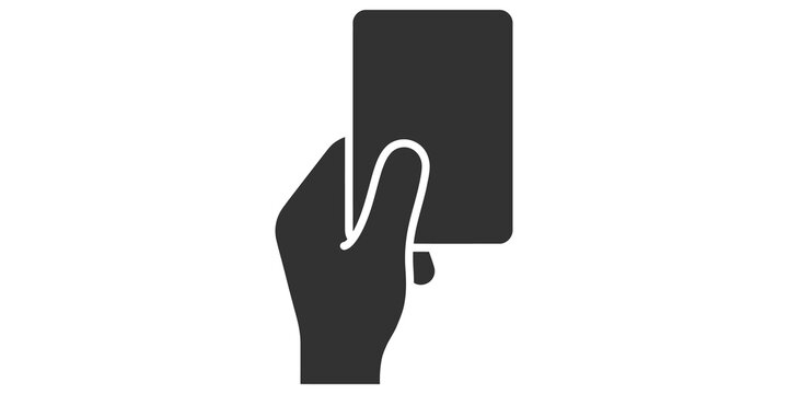 Referee hand holding red penalty card dark gray icon representing sports rules and disciplinary action for football players.