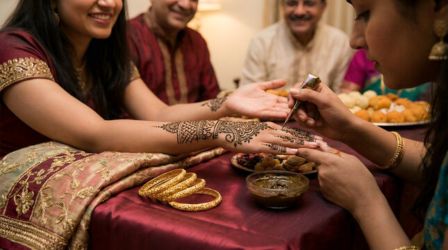 Artist applying traditional henna mehndi design onto woman hands carefully