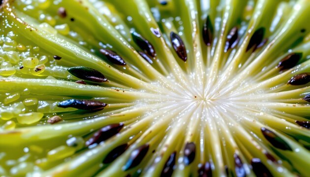 The image shows a close up view of a sliced kiwi fruit, revealing its vibrant green flesh and numerous black seeds radiating from the center