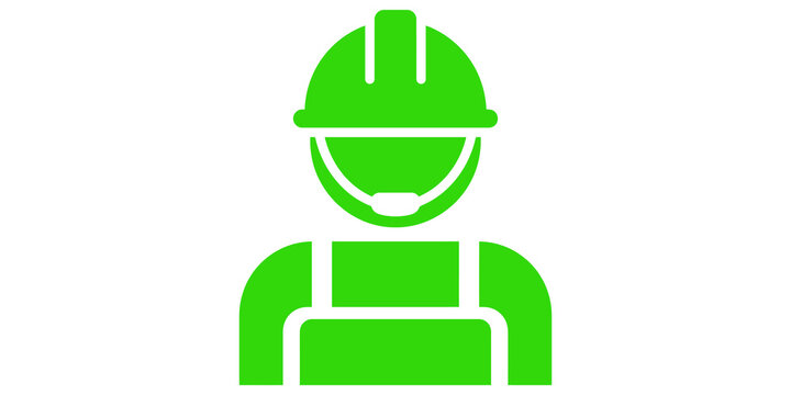 Green construction worker silhouette icon wearing safety helmet and overalls for labor projects.