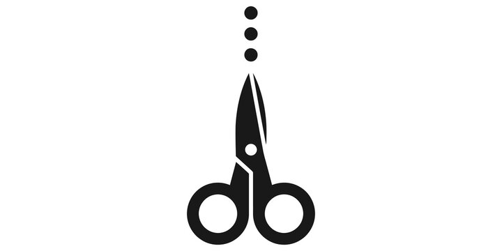 Scissors silhouette icon with dotted cut line for craft and diy instructions.