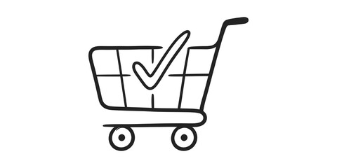 Shopping cart hand drawn doodle with checkmark online purchase concept. © 扁平化图标 