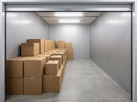 Stack of brown cardboard moving boxes neatly organized inside a clean empty metal self storage unit container with open shutter door for relocation and business inventory