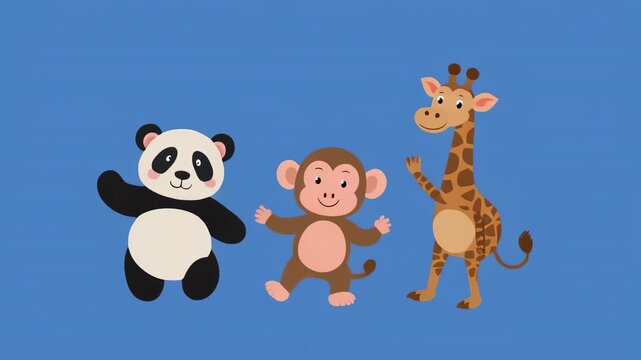 Cute cartoon panda monkey and giraffe characters dance together on a blue background seamless loop