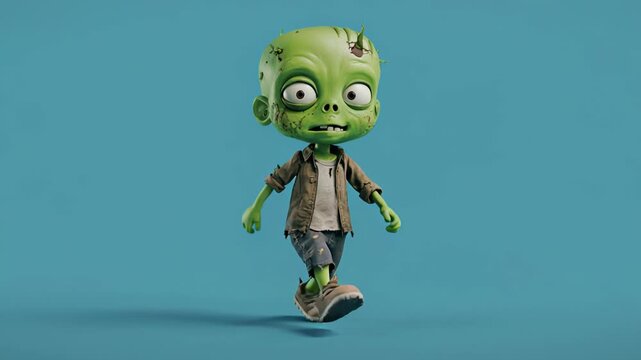 Cute cartoon zombie character walking cycle animation against a clean blue background with subtle lighting