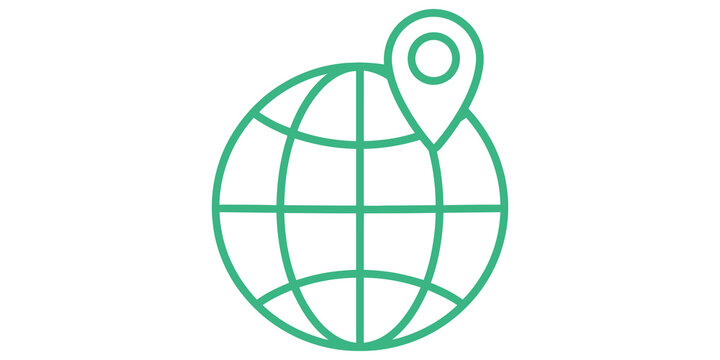 Green globe with location pin icon for global travel and logistics.