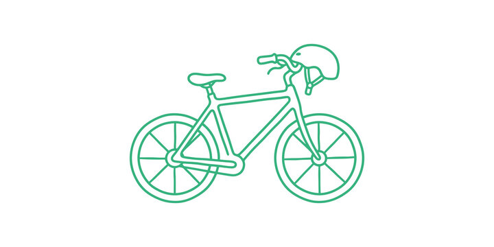 Green bicycle line art with safety helmet for cycling sports design.