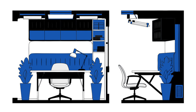 Recraft Vector V4 Prompt:
Create a premium editable Vector V4 architectural illustration of a compact modular workspace designed for small apartments, foldable desk, wall storage, acoustic panels, adj