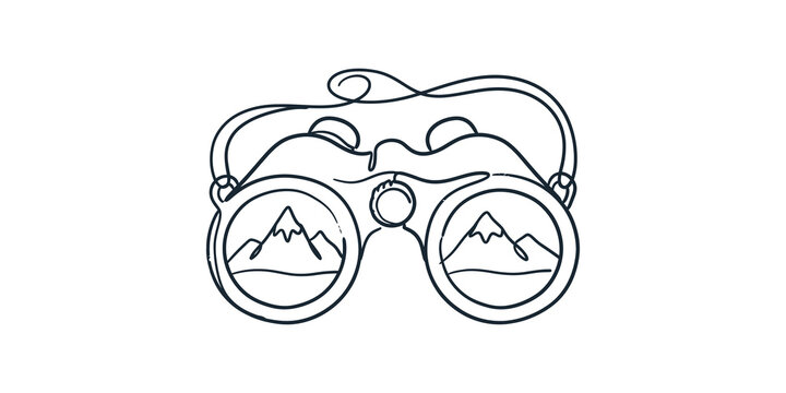 Binoculars viewing mountain peak landscape sketch for travel concept.