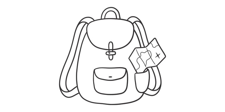 Outline backpack and map for travel and adventure or hiking activity.