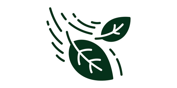 Leaves falling in wind dark green icon for autumn nature season visuals.
