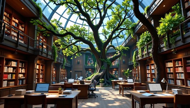 The image depicts an expansive, modern library with a large glass dome ceiling allowing natural light to flood the space