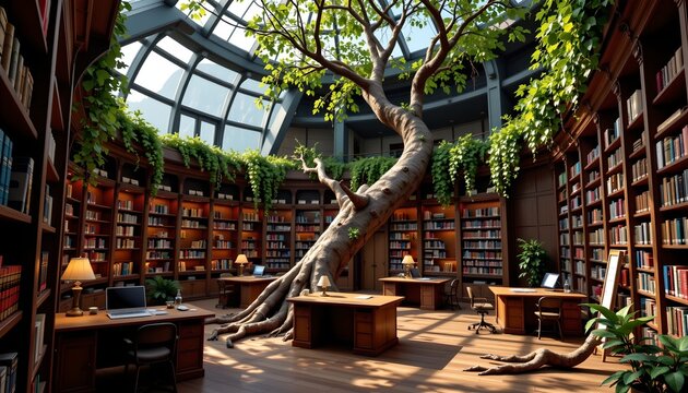 The image depicts a cozy, modern library with a large glass ceiling allowing ample natural light to flood the space