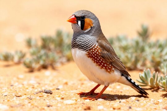 A zebra finch standing on sandy ground with sparse vegetation in a desert-like environment