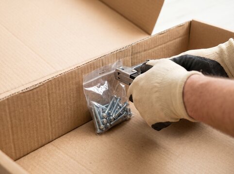 Gloved hands using a manual stapler to attach a clear pouch of metal screws to the inside flap of a cardboard box during furniture or hardware product packaging