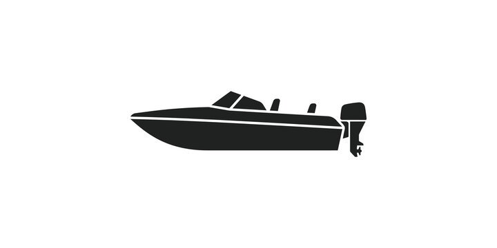 Black motorboat silhouette isolated for marine travel and water activity.