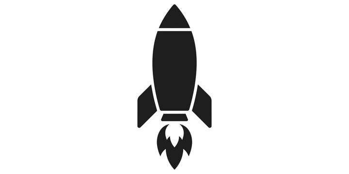 Black rocket ship icon launching with flames for business startup projects.