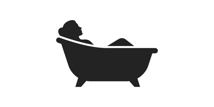 Black silhouette woman bathing in tub icon for wellness spa designs.