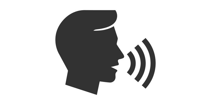 Male head profile with sound waves icon for voice command interface.