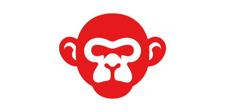 Monkey head silhouette icon design featuring red flat vector animal face.