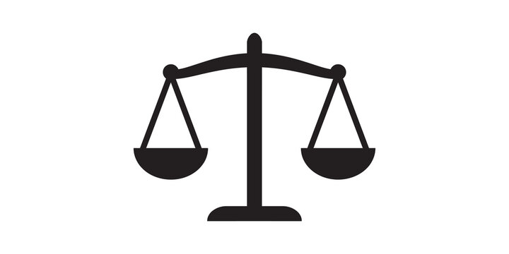 Black scales of justice icon representing law and balance on transparent background.
