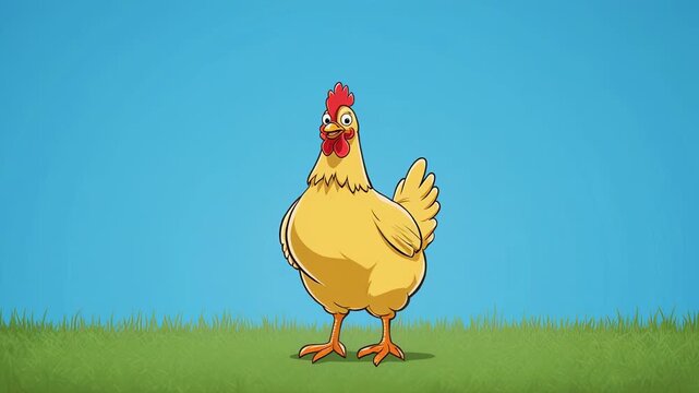 Chicken walking animation sequence on green grass blue sky background