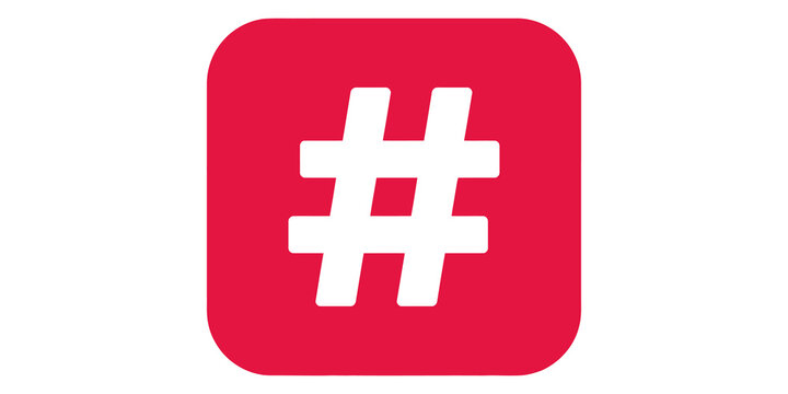 Hashtag symbol red square social media icon for trending topics and tags.
