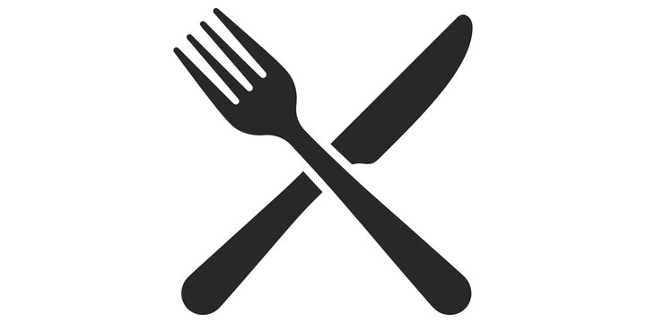 Crossing fork and knife utensil icon for restaurant dining room service.