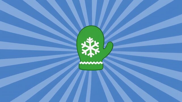 Green mitten with snowflake graphic on blue sunburst background motion