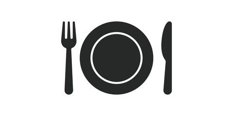 Black dinner plate with fork and knife icon represents dining service. © 扁平化图标 
