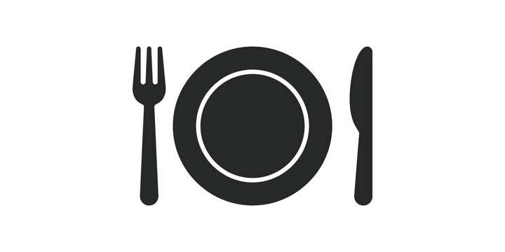 Black dinner plate with fork and knife icon represents dining service.