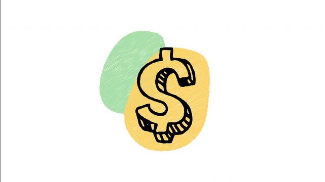 An animated hand-drawn US dollar currency symbol inside a rounded blob background. Ideal for financial wealth, price tags, banking, and dollar currency.