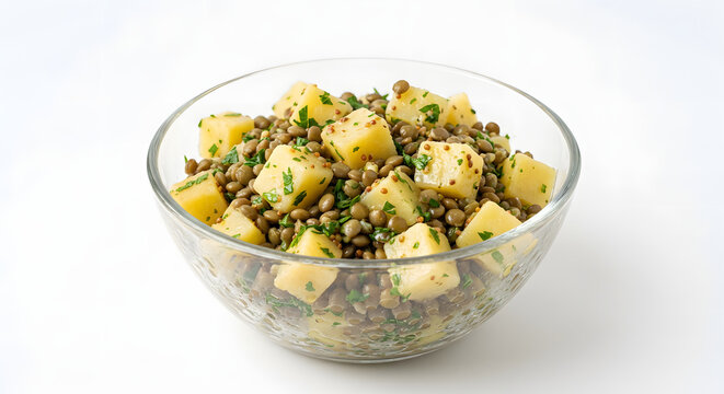 Abgek&uuml;hlter Kartoffelsalat mit gr&uuml;nen Linsen auf Wei&szlig;