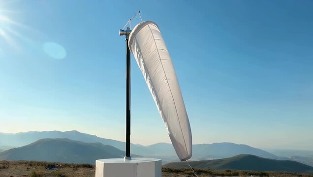 Stunning high-quality 4K stock video footage capturing a crisp white windsock fully extended and gracefully billowing in a strong refreshing summer breeze under a brilliant sun-drenched sky