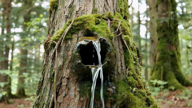 Serene 4K nature b-roll showing a steady stream of pure water flowing gracefully from a hand-carved opening in a rustic tree trunk fountain enveloped by lush green moss