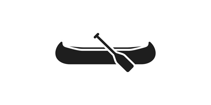 Black canoe and paddle icon vector for outdoor water sports.