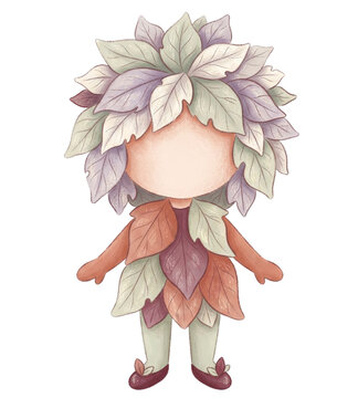 Cute faceless nature fairy character with pastel autumn leaf hair and dress illustration