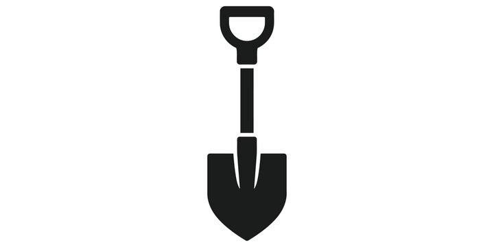Black shovel tool icon with metal head for construction garden work use.